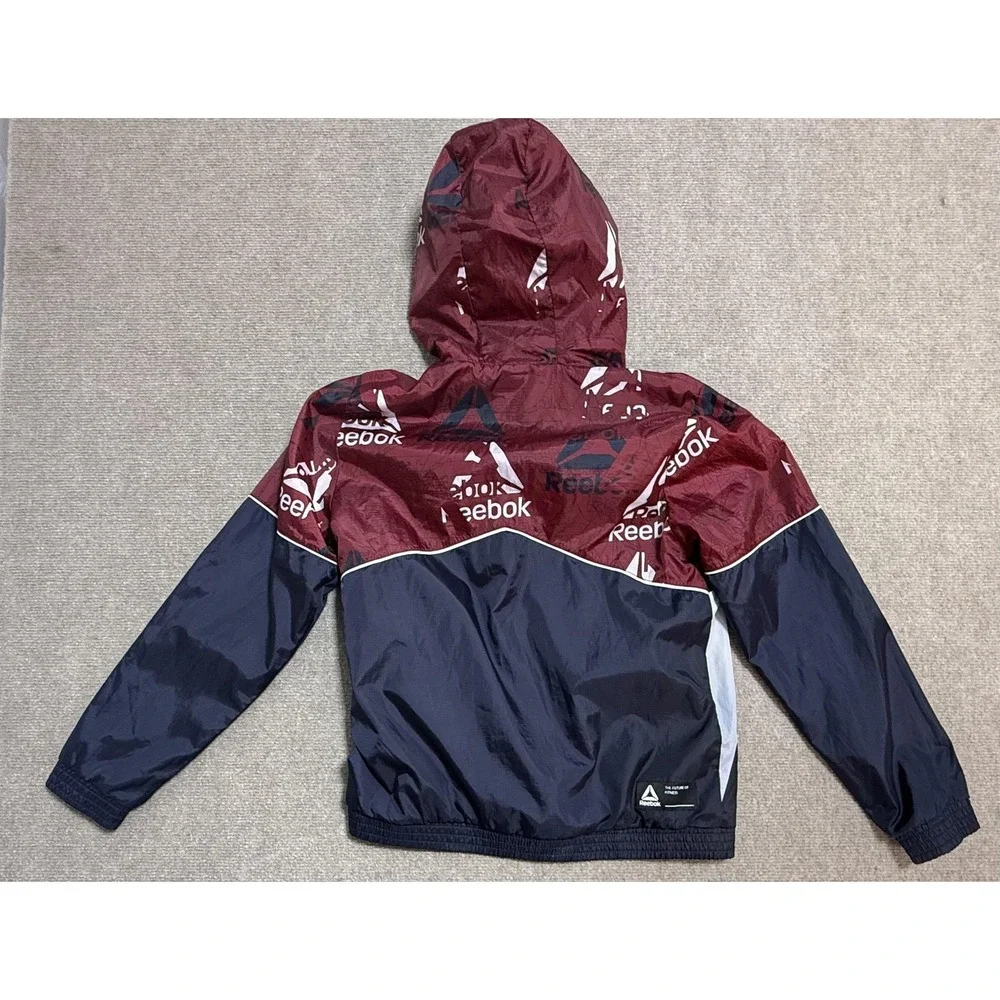 Reebok Jacket Youth 14/16 Blue Burgundy Hooded Windbreaker Colorblock Logo Print
